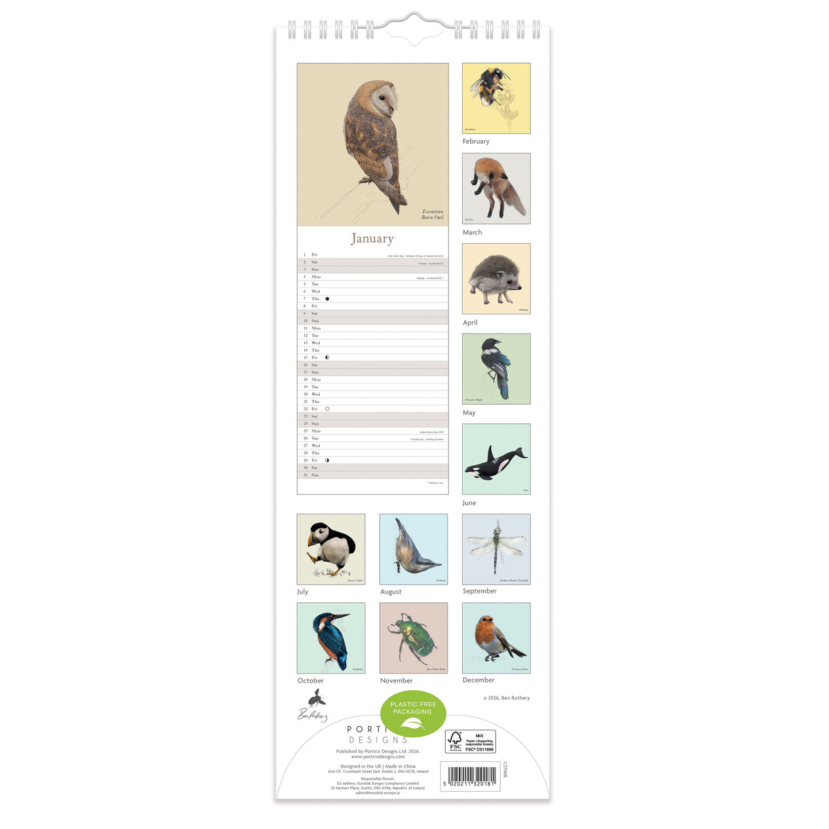 Limited edition SLIM - 2027 Wall Calendar | Slim Wall Calendar | British Wildlife Calendar